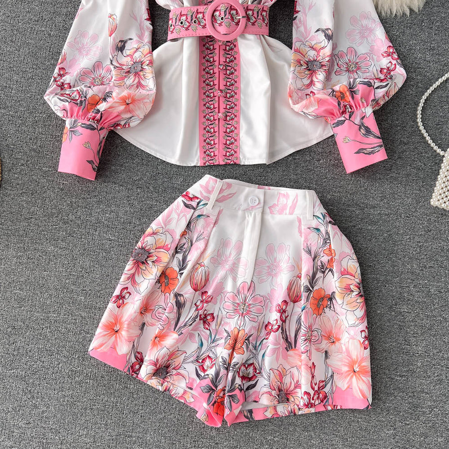 Two Piece Set Floral Print V Neck Flare Long Sleeve Shirt + Belted Pocket Shorts High Quality