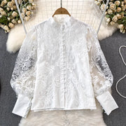 Lantern Long Sleeve Vintage Lace Blouse Women Stand-up Collar Buttons Simple Lace Shirt Elegant Loose See Through Top 29918