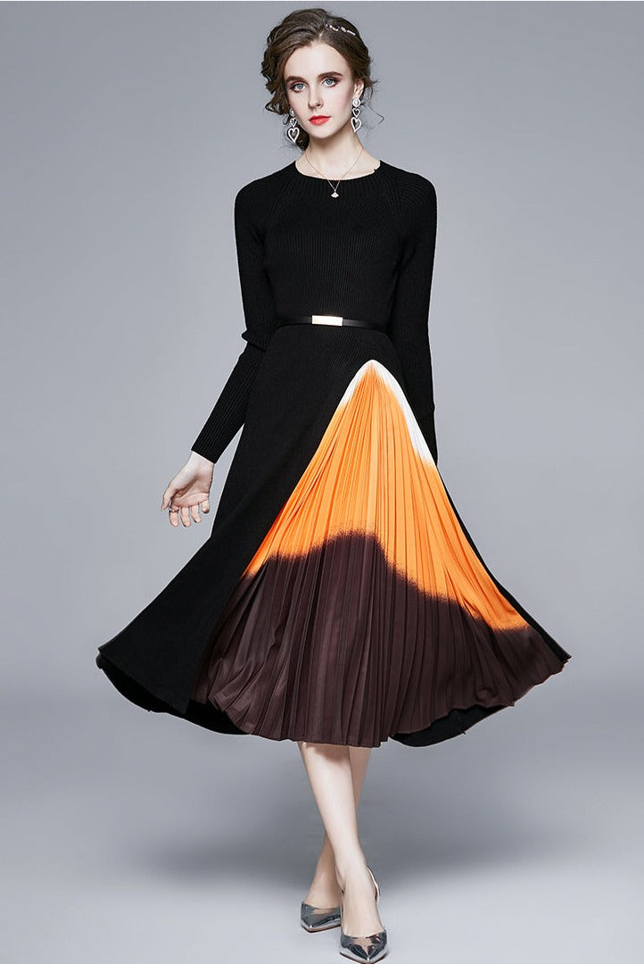 Elegant Black Long Sleeve Pleated Belted Midi Dress High Quality Black / S Elegant Black Long Sleeve Pleated Belted Midi Dress High Quality Black / S
