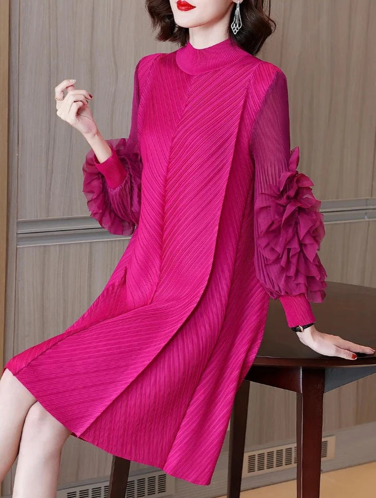 Women's Ruffle Mesh Pleated Midi Dress Long Sleeve Half High Neck Vintage Style Elegant High Quality