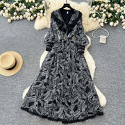 Women Long Dress Dresses Ruffles Vestidos V Neck Lantern Sleeve Elegant Splice Y2k Streetwear Hollow Out Tight Waist Work Party