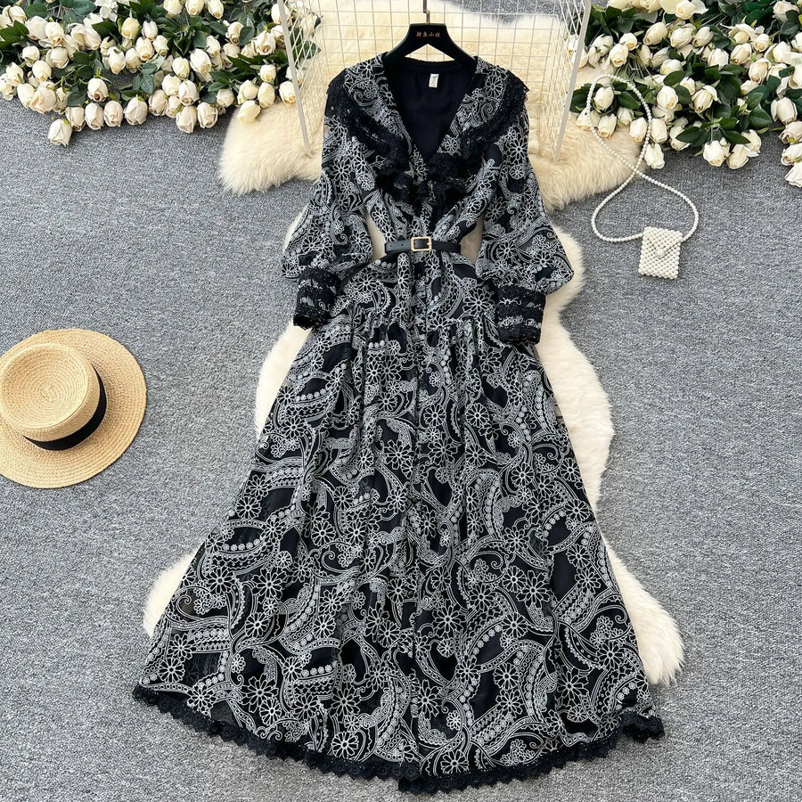 Women Long Dress Dresses Ruffles Vestidos V Neck Lantern Sleeve Elegant Splice Y2k Streetwear Hollow Out Tight Waist Work Party