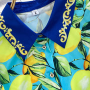 Summer Runway Fashion Sicily Lemon Print Two Piece Outfits Women Long Sleeve Bandage Crop Top＋Beach Pocket Shorts Sets
