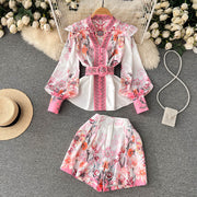 Two Piece Set Floral Print V Neck Flare Long Sleeve Shirt + Belted Pocket Shorts High Quality