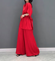 2 Piece Set Stylish Half Sleeve Blouses + With High Quality Wide Leg Long Pants