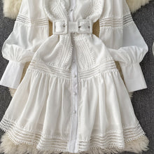 High Quality Stand Collar Puff Long Sleeve Button A Line Short Dress