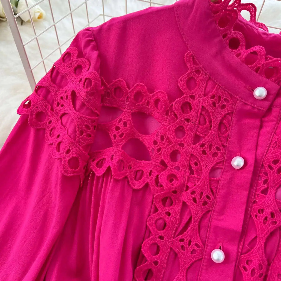 Elegant retro style slit maxi dress with pearl buttons and high-quality crochet embroidery