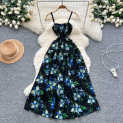 Women's long floral dress with thin straps, sleeveless, elastic, ruched with high-quality print