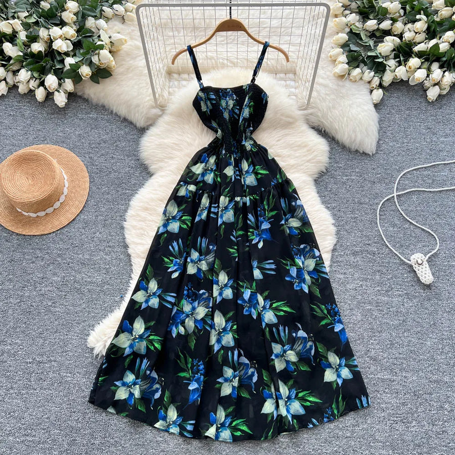 Women's long floral dress with thin straps, sleeveless, elastic, ruched with high-quality print
