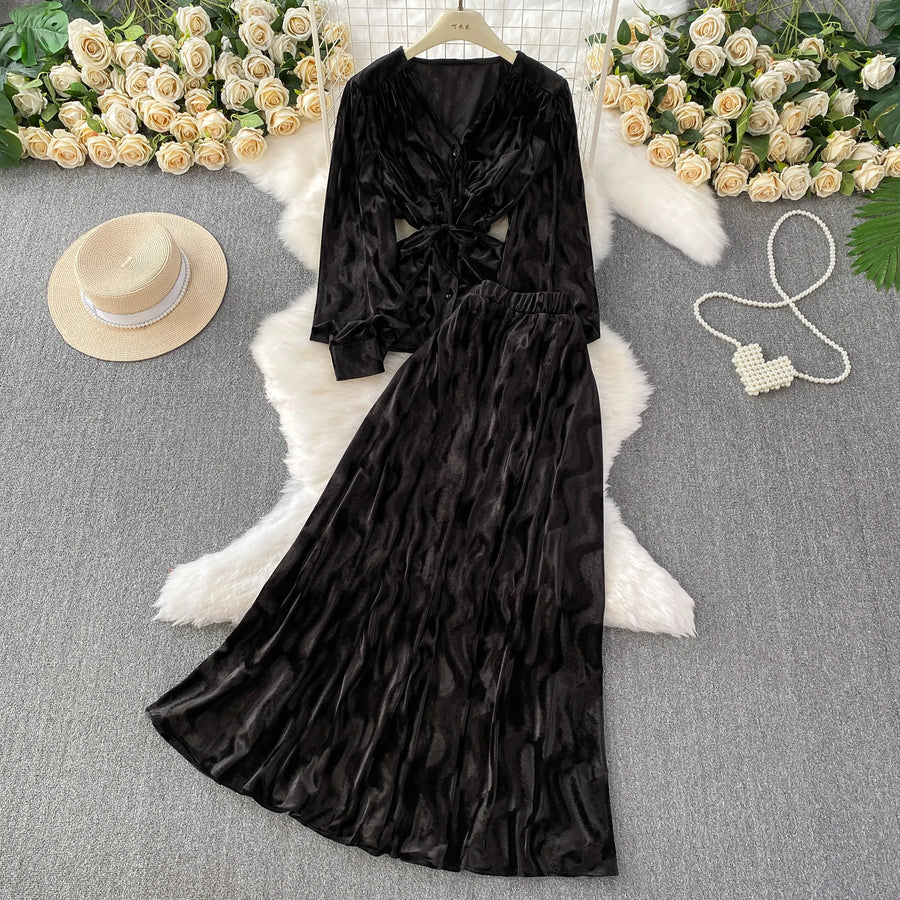 Autumn Velvet Skirt Two-piece Set V-neck Single Breasted Shirt Jacquard Skirts Suit  French Elegant Fashion Women Matching Sets
