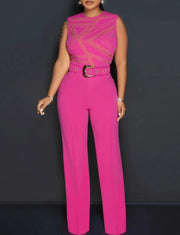 Elegant Jumpsuits Round Neck Sleeveless High Waist Wide Leg Pants with Belt High Quality