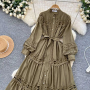 Elegant retro style slit maxi dress with pearl buttons and high-quality crochet embroidery