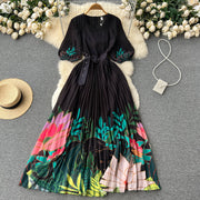 High Quality Round Neck Leaf Floral Print Belted Short Sleeve Pleated Long Dress