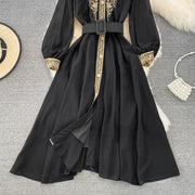 High quality slim round neck long sleeve gold thread embroidery vintage style elegant dress