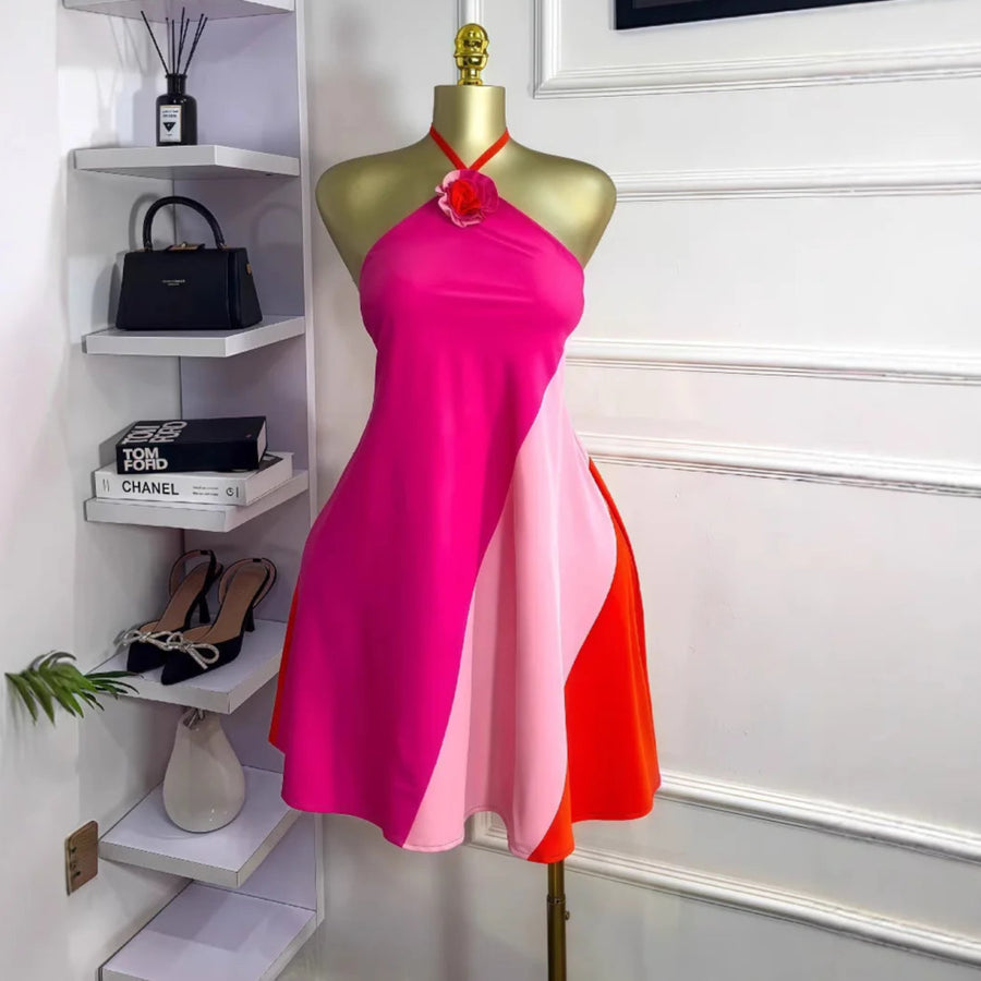 Women's Sexy Halter Neck Backless Floral Appliques A-Line Mini Dress