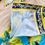 Summer Runway Fashion Sicily Lemon Print Two Piece Outfits Women Long Sleeve Bandage Crop Top＋Beach Pocket Shorts Sets