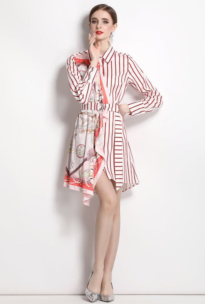 Striped Print Long Sleeve Dress, Silk Scarf Splicing Lace-up and High Quality Belt