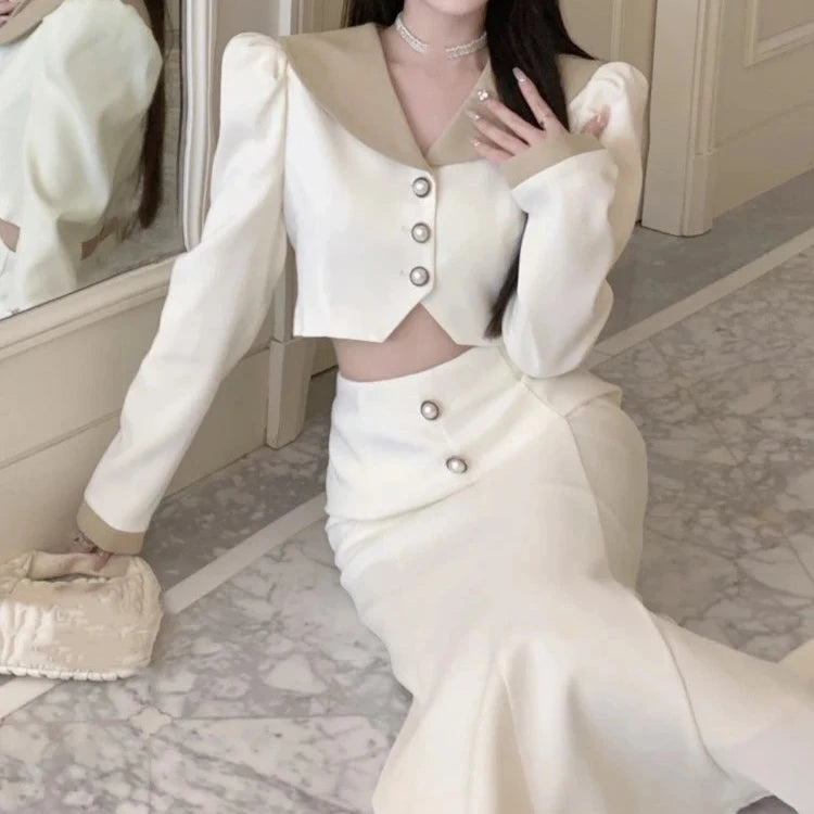 Elegant Two Piece Set Long Sleeve Short Coat + High Waist Mermaid Skirt High Quality