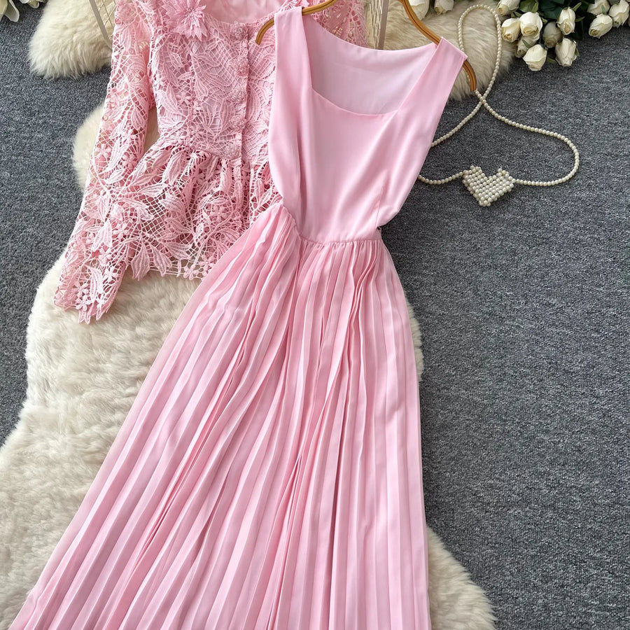 Lace Ruffle Camis Midi Dress Two Pieces Sets V Neck Top  Vintage   Tulle Pleated  Skirt   High Waist A-line Skirt Fall Sets