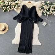 High quality pleated batwing sleeve v neck high stretch loose dresses