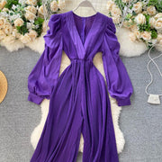 High Quality Lantern Sleeve Stretch Chiffon Wide Leg Deep V Neck Sexy Pleated Long Jumpsuit