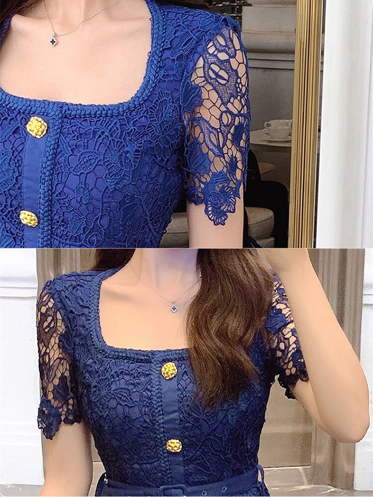 High Quality Flower Embroidery Water Soluble Lace Hollow Out Square Neck Belted Elegant Dress