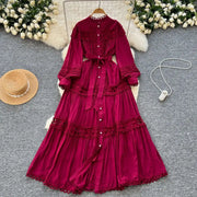 Elegant retro style slit maxi dress with pearl buttons and high-quality crochet embroidery