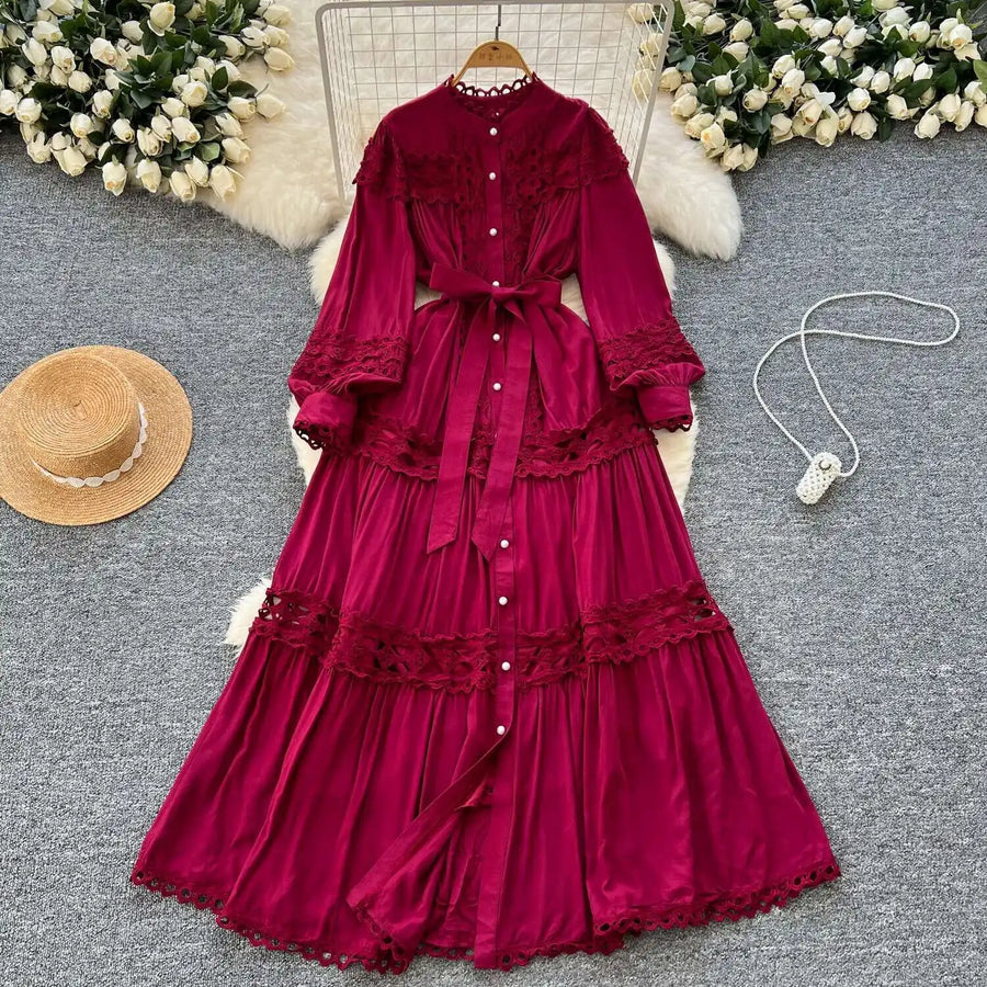 Elegant retro style slit maxi dress with pearl buttons and high-quality crochet embroidery