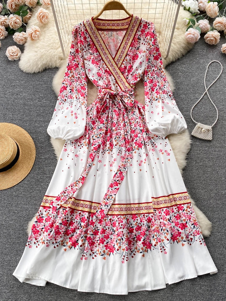 Sweet Style Floral Dress Elegant Lantern Sleeve Bow Lace Up V Neck A Line High Quality