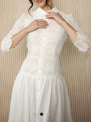 High Quality Embroidery Single Breasted Short Sleeve Lapel High Waist Patchwork Dress