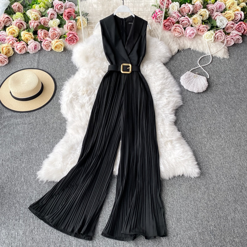 High quality belted wide leg short sleeve jumpsuit