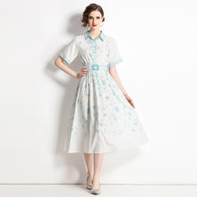 High Quality A-Line Floral Print Turn-down Collar Short Sleeve Chiffon Elegant Dress