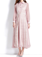 High Quality Mesh Patchwork Mid-Length Long Sleeve Embroidered Flower Dress