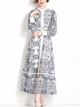 Printed Lace Long Maxi Dress, Long Lantern Sleeves Belted Single Breasted High Quality
