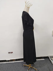 French retro round neck, short sleeve, high waist, straight dress with high-quality spliced metal pins