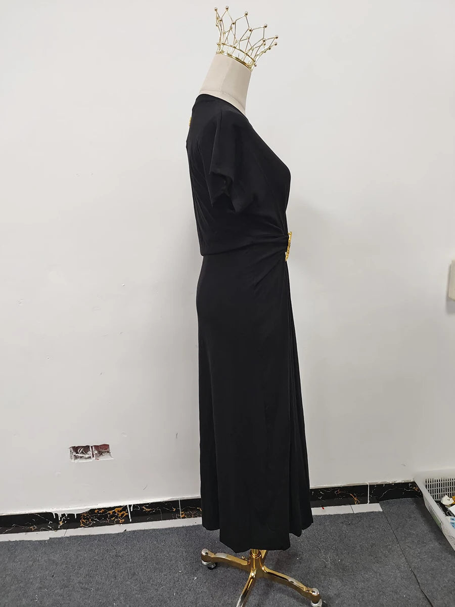 French retro round neck, short sleeve, high waist, straight dress with high-quality spliced metal pins