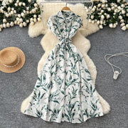 Dress Women Long Dresses High Waist Vestidos Polo Collar Short Sleeve Elegant Splice Y2k Streetwear Work Party Night Print