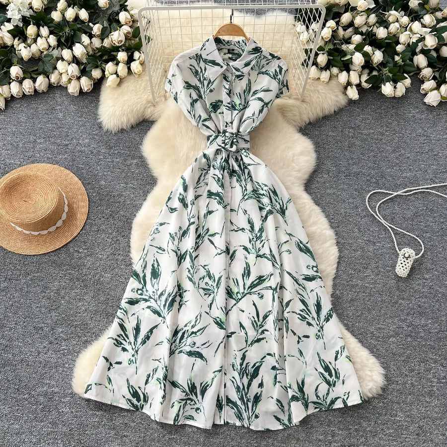 Dress Women Long Dresses High Waist Vestidos Polo Collar Short Sleeve Elegant Splice Y2k Streetwear Work Party Night Print