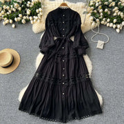 Elegant retro style slit maxi dress with pearl buttons and high-quality crochet embroidery