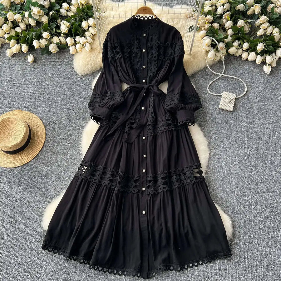 Elegant retro style slit maxi dress with pearl buttons and high-quality crochet embroidery