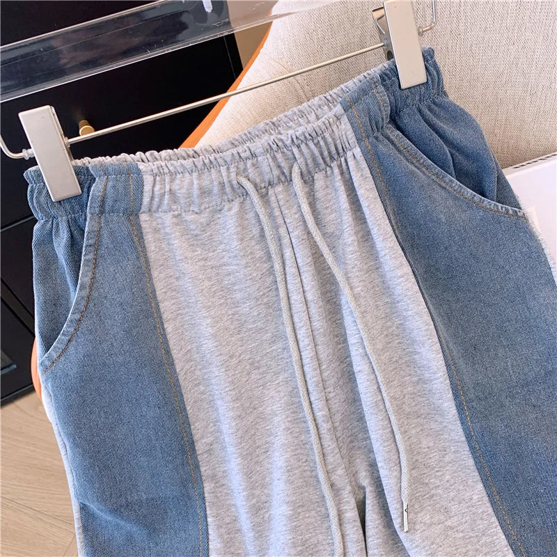 2024 Summer New Stitched Zipper T-shirt top Female Set Elegant Women's Jeans Casual Blouse Two Piece Set Ladies Tracksuits big