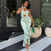 Women's Leaf Print Ruched Maxi Dress with Scarf
