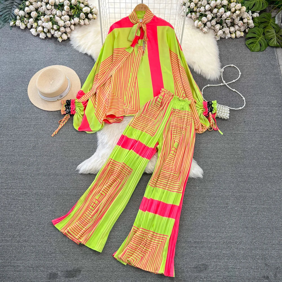 Elegant two-piece set pleated summer chiffon shirt + high-quality floral print pleated wide-leg pants