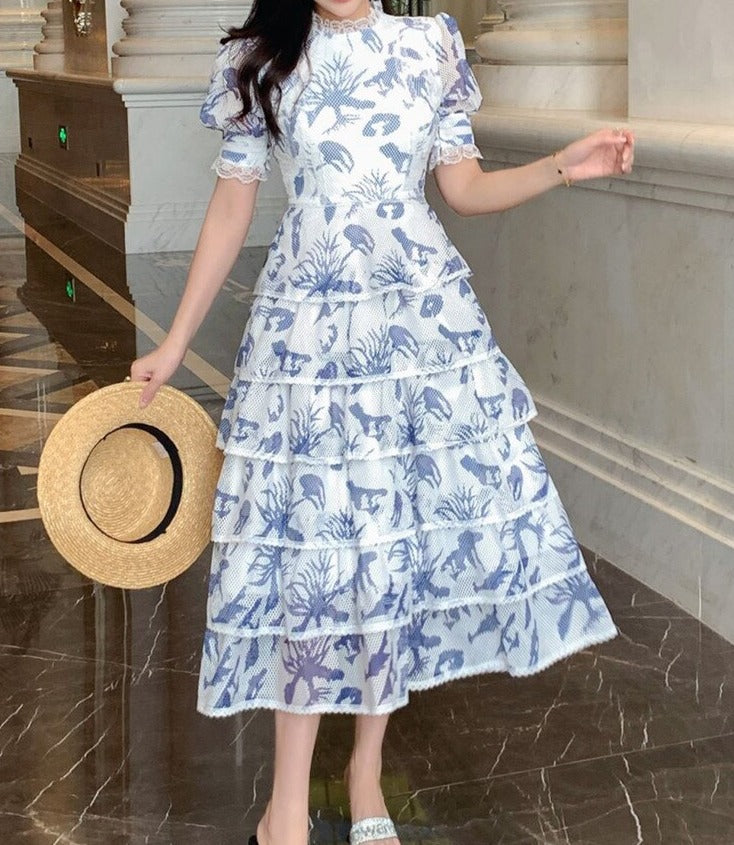 High Quality Cascading Ruffles Flower Print Puff Short Sleeve Elegant Mesh Dress