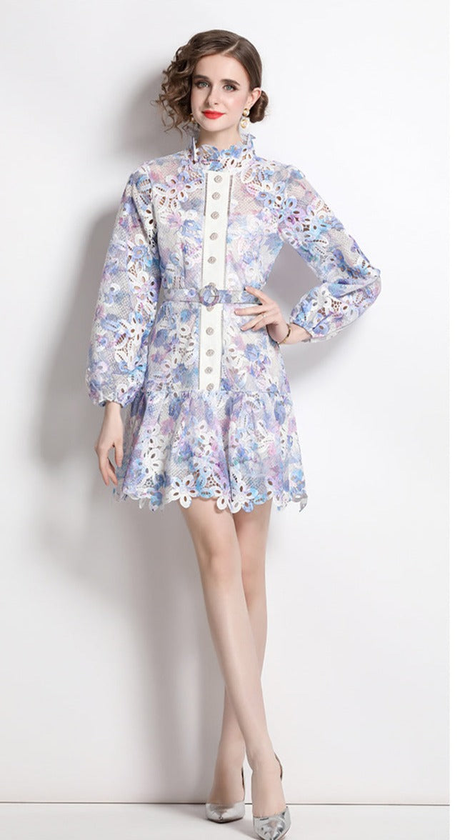 High Quality Belted Hollow Out Button Down Embroidered Long Sleeve Dress