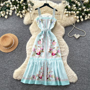 Mint Green Floral Print Sleeveless A-Line Dress Women Summer High Waist Simple Pure Desire Style Commute Suitable City Outfit