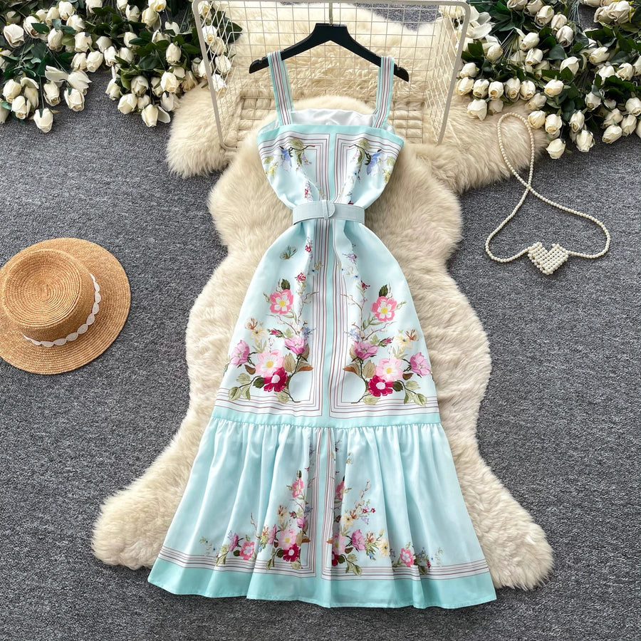 Mint Green Floral Print Sleeveless A-Line Dress Women Summer High Waist Simple Pure Desire Style Commute Suitable City Outfit