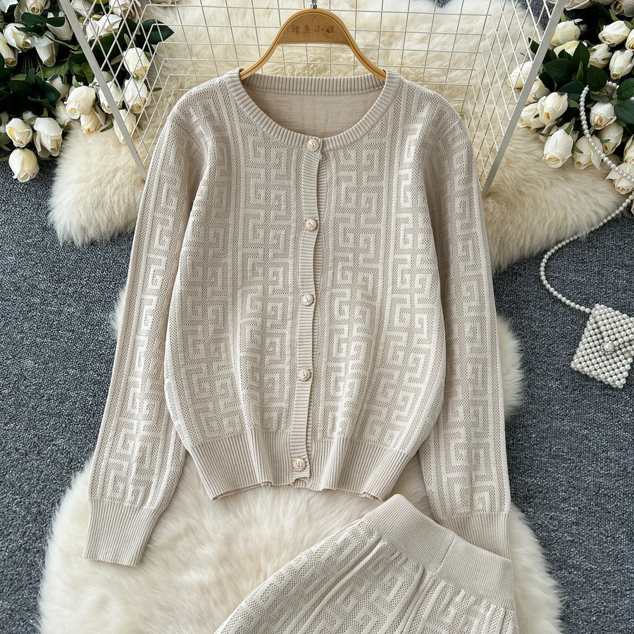 High quality long sleeve cardigan + long elastic pants knitted sets