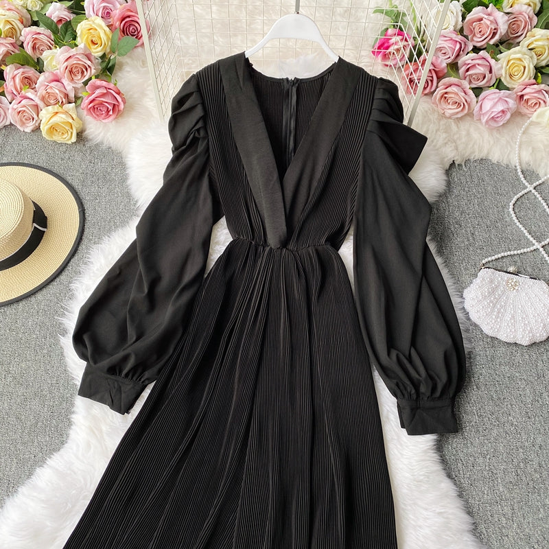 High Quality Lantern Sleeve Stretch Chiffon Wide Leg Deep V Neck Sexy Pleated Long Jumpsuit