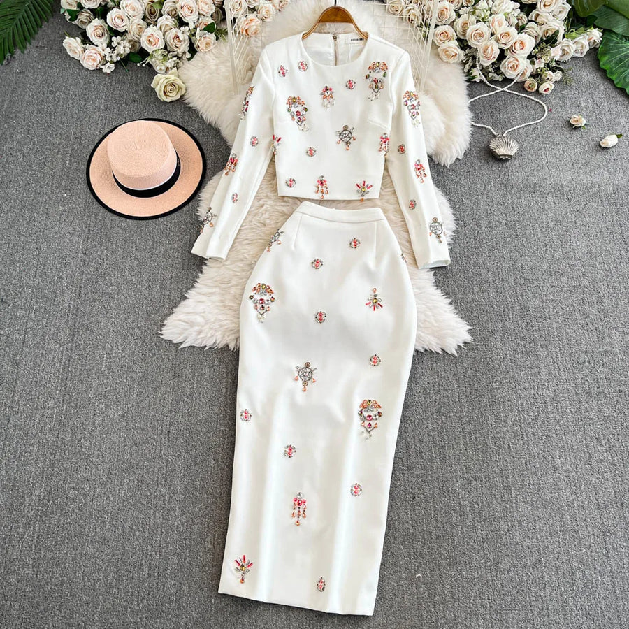 Luxury Style Two Piece Set For Women O Neck Long Sleeve Topa High Waist Skinny A Line Skirt Set Female